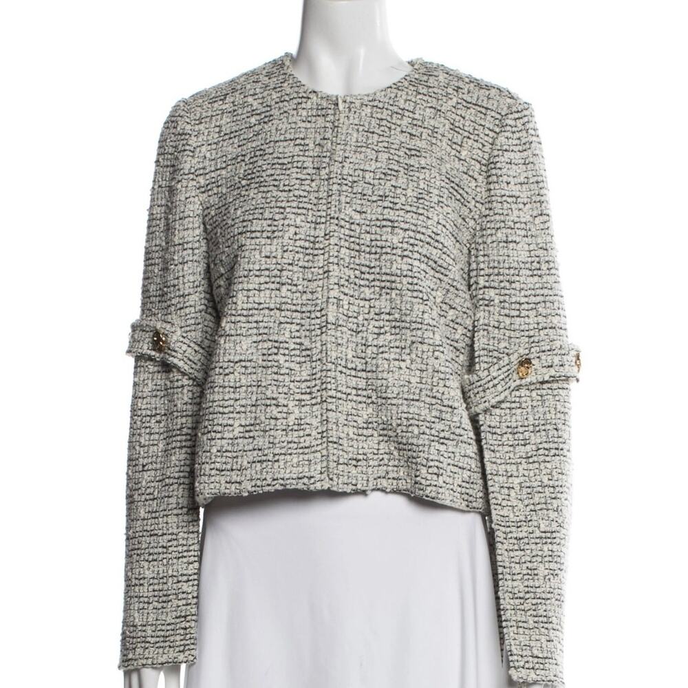 St. John 14 Wool Blend Tweed Split Sleeve Jacket NWT Black Ecru Bouclé Cape Zip